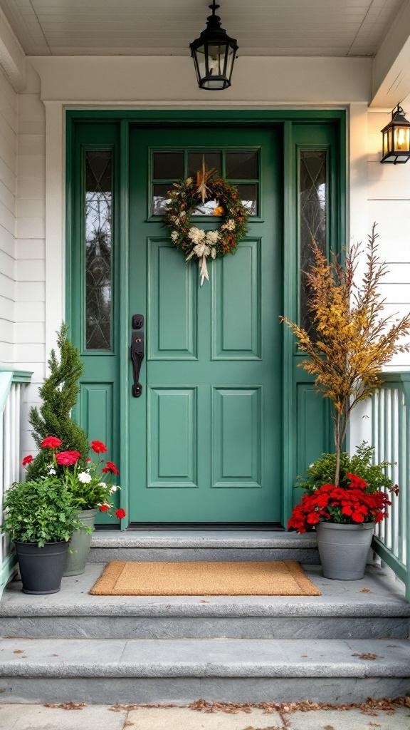 A welcoming porch featuring a green door, potted plants, and a cozy mat.