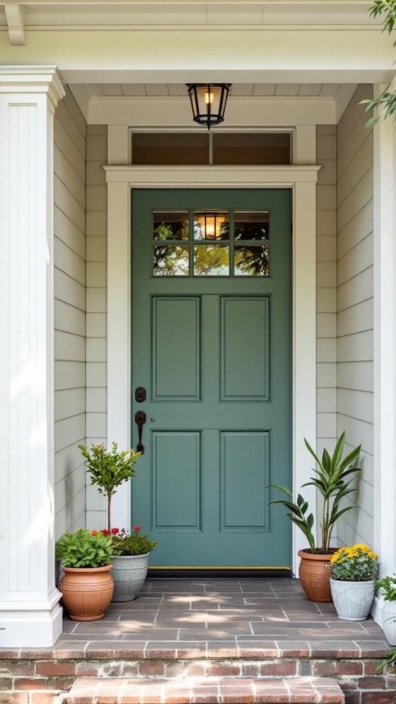 Charming Craftsman entryway featuring a green door and potted plants.