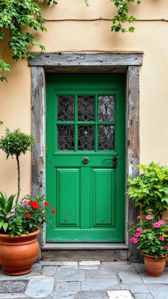 Bright green door with rustic wood frame and potted plants on either side