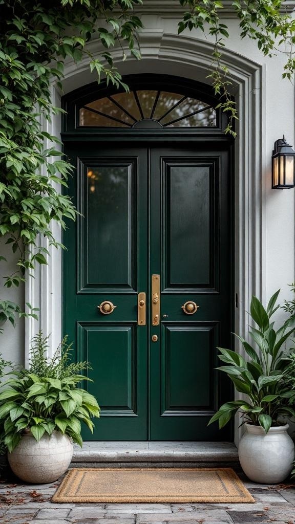 Sophisticated entryway featuring a deep green door and potted plants