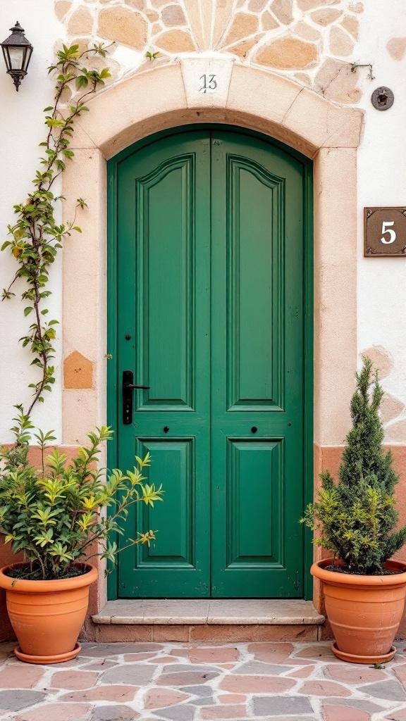 Traditional Spanish style entryway with olive green door and potted plants
