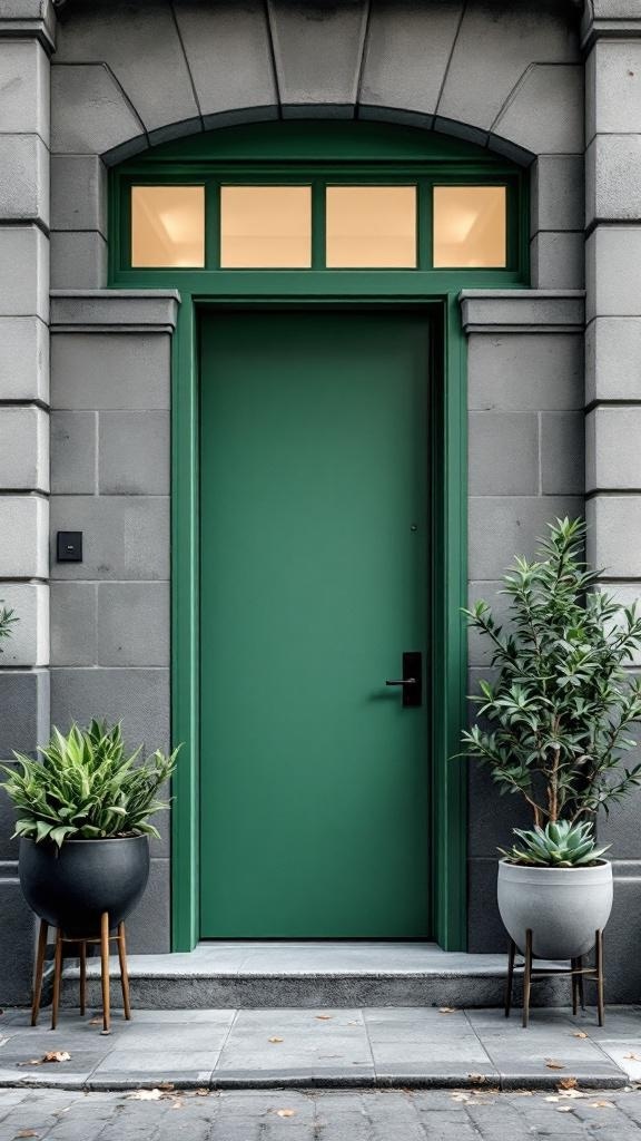 Chic urban loft entry with a green door and potted plants