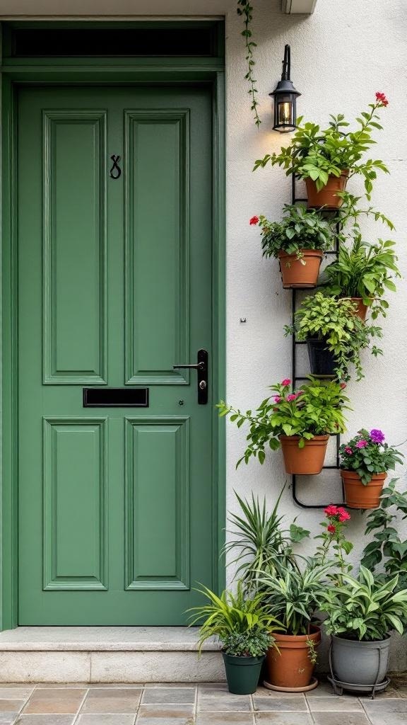 Stylish entryway featuring a green door and a vertical garden with potted plants.