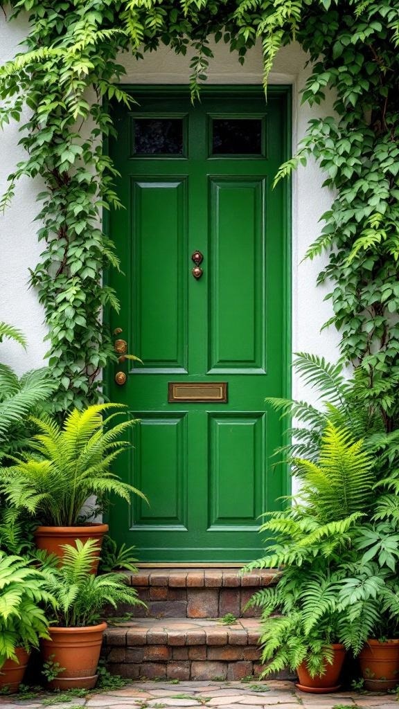 A vibrant green door framed by lush ferns in terracotta pots.