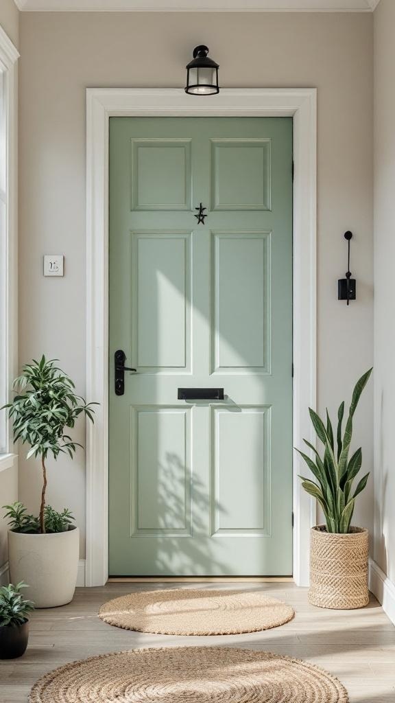 Chic Scandinavian entryway with soft green door and potted plants.