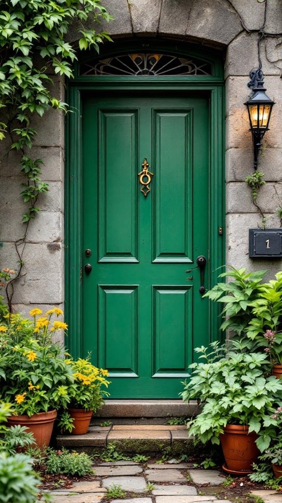 A green door surrounded by potted plants and herbs in an urban setting.