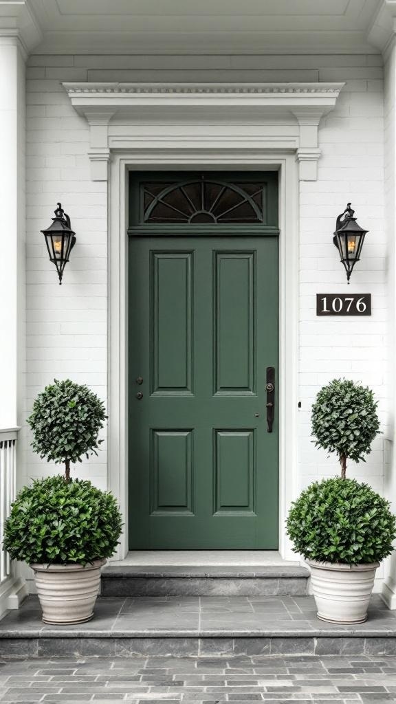 Entryway featuring a classic green door with potted boxwood plants on either side.