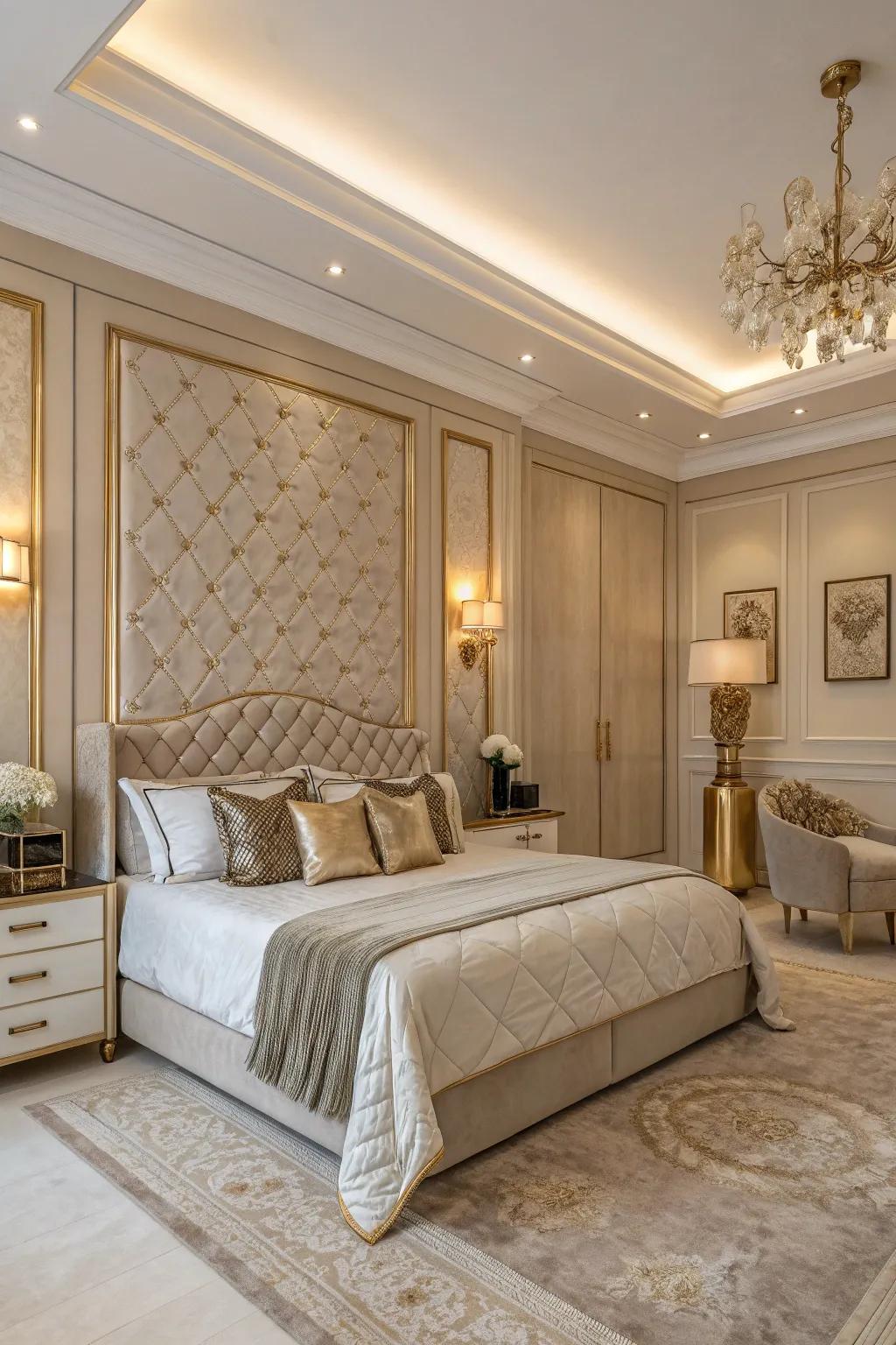 Bedroom featuring neutral tones accented with gold and silver for a polished look.