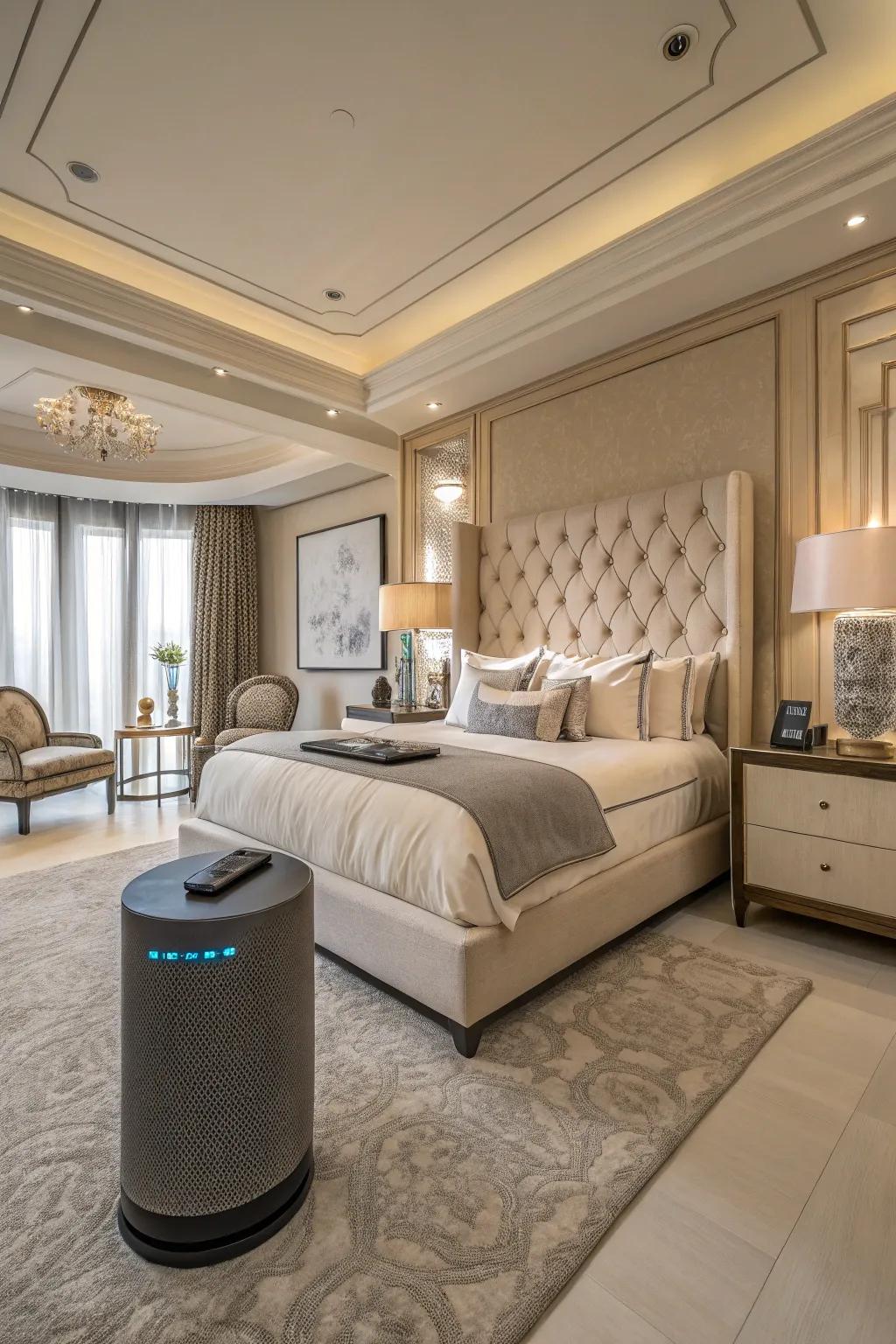 Modern bedroom equipped with smart technology for enhanced comfort.