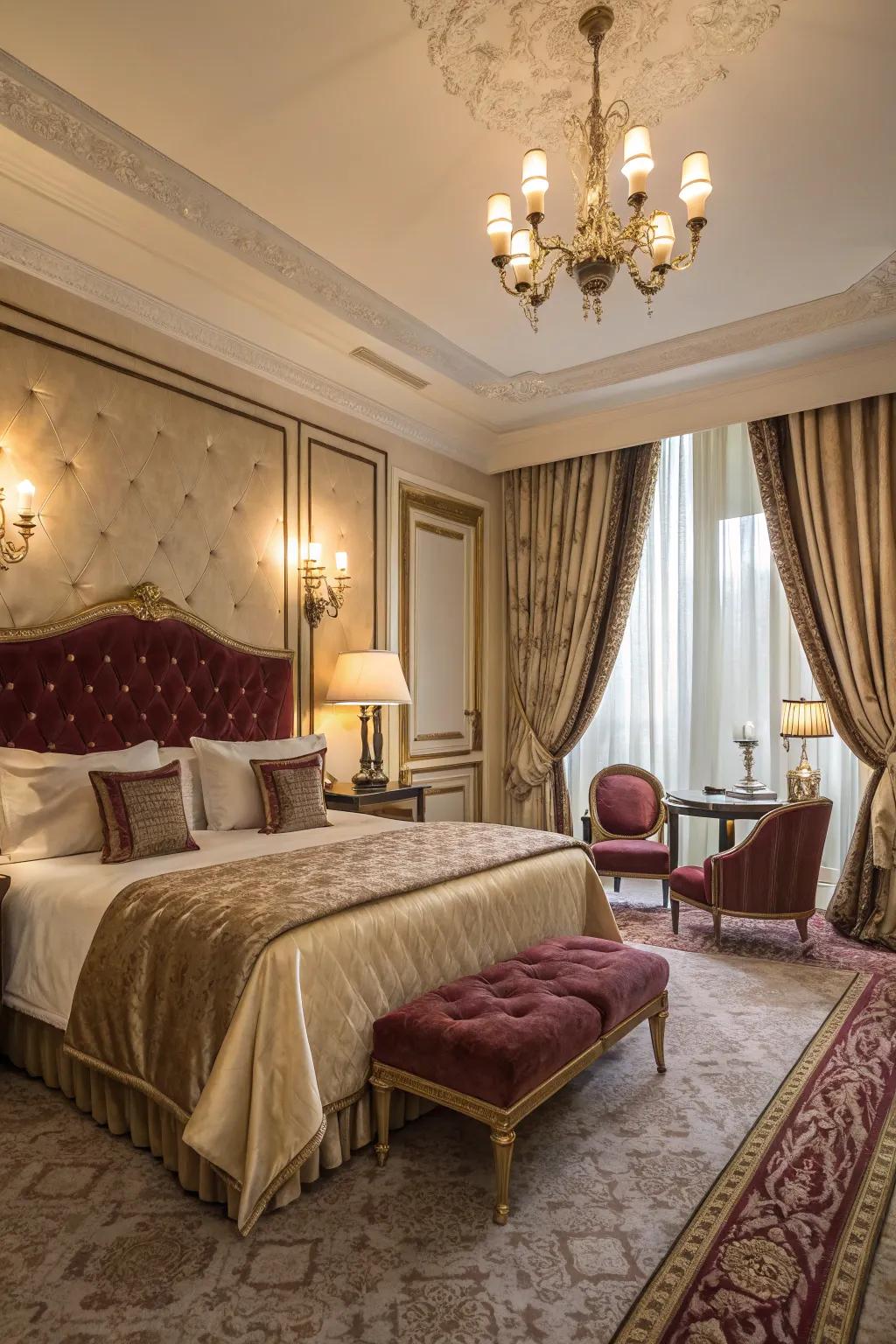 Bedroom showcasing sumptuous velvet and silk textures for a lavish feel.