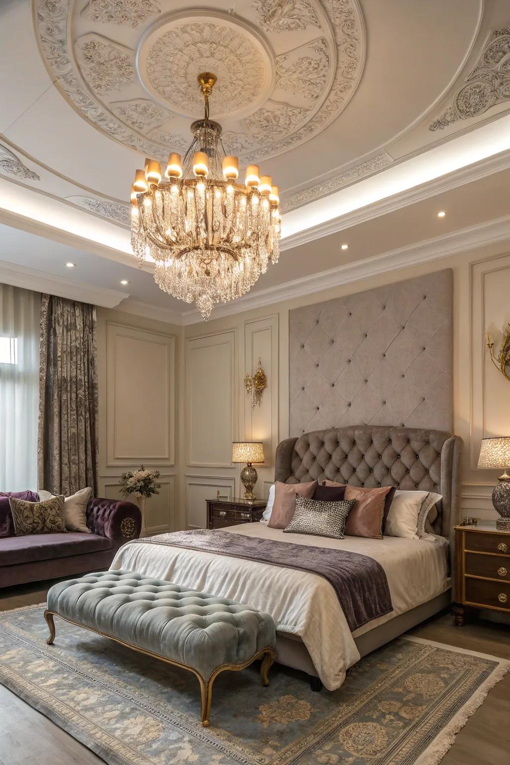Bedroom featuring an elegant vintage chandelier as a statement lighting piece.