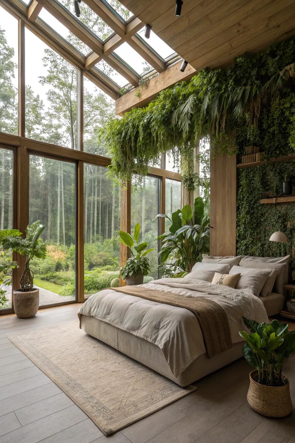 Bedroom enhanced with indoor plants for a natural, calming effect.