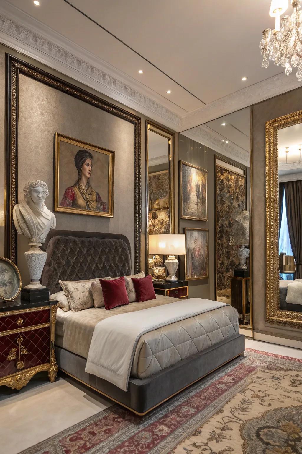 Bedroom adorned with artistic accents like sculptures and mirrors.