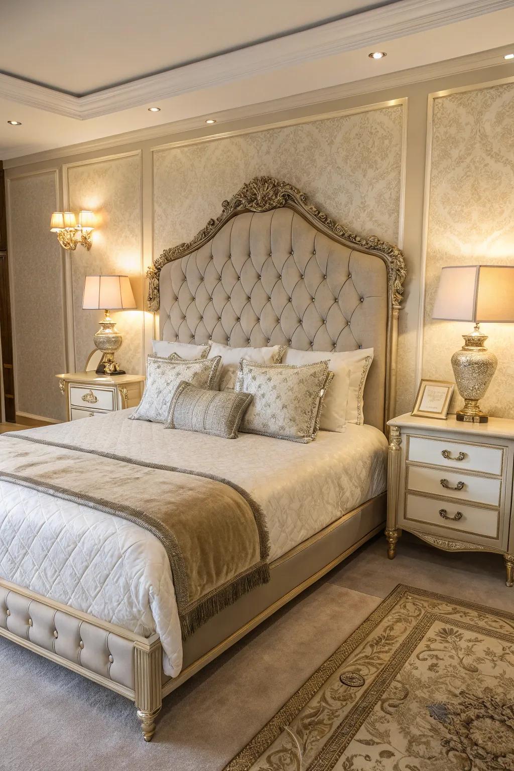 Bedroom showcasing a luxurious bed with an ornate headboard and plush bedding.