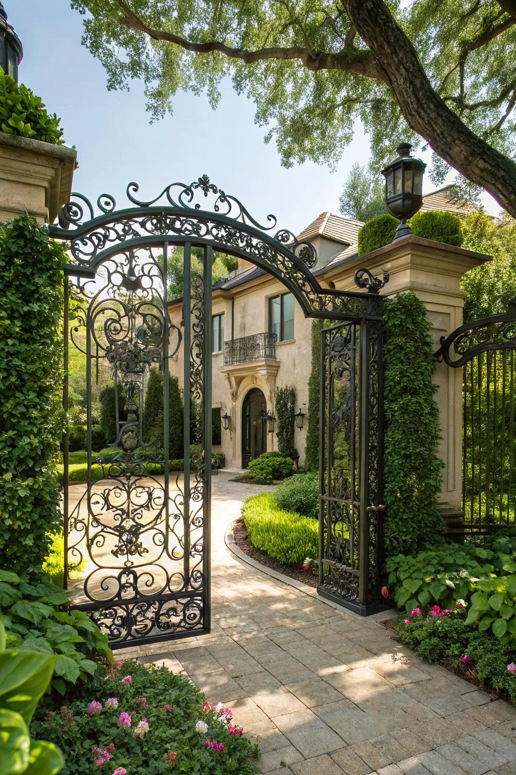 Majestic wrought iron gate at a home's entrance.