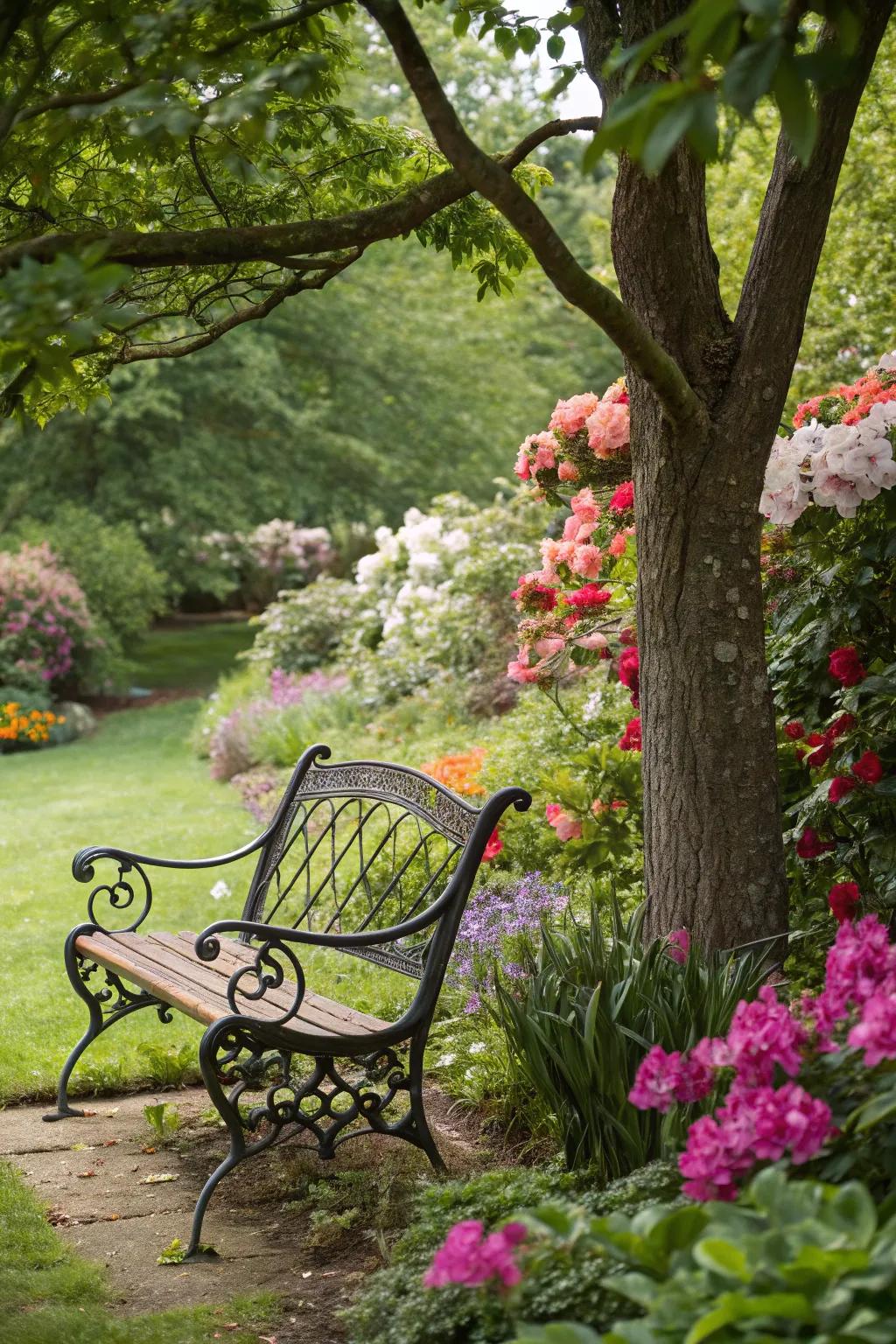 Wrought iron bench in a serene garden setting.
