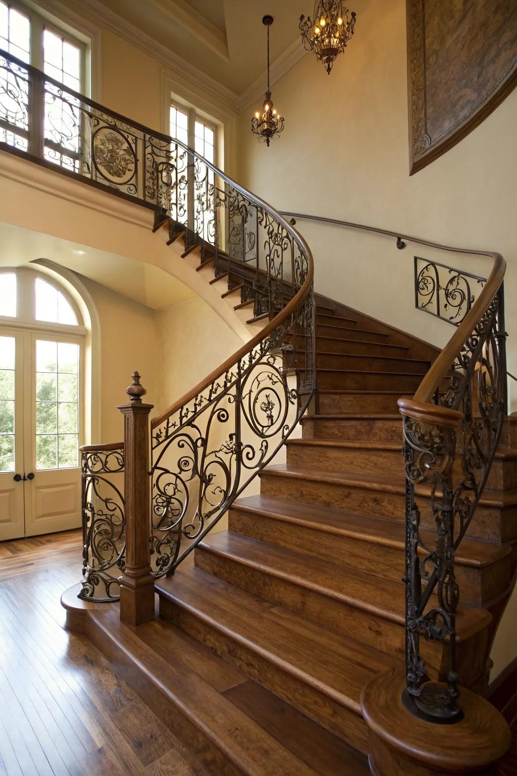 Sophisticated wrought iron railings on a staircase.