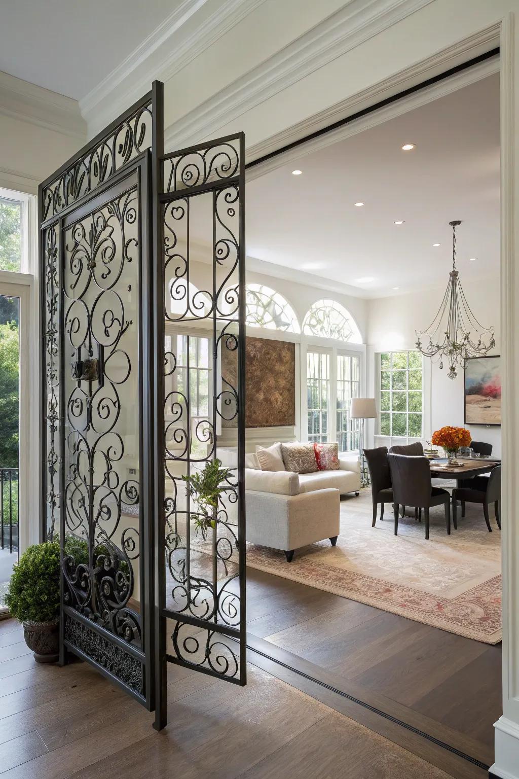 Elegant wrought iron room divider in a living area.
