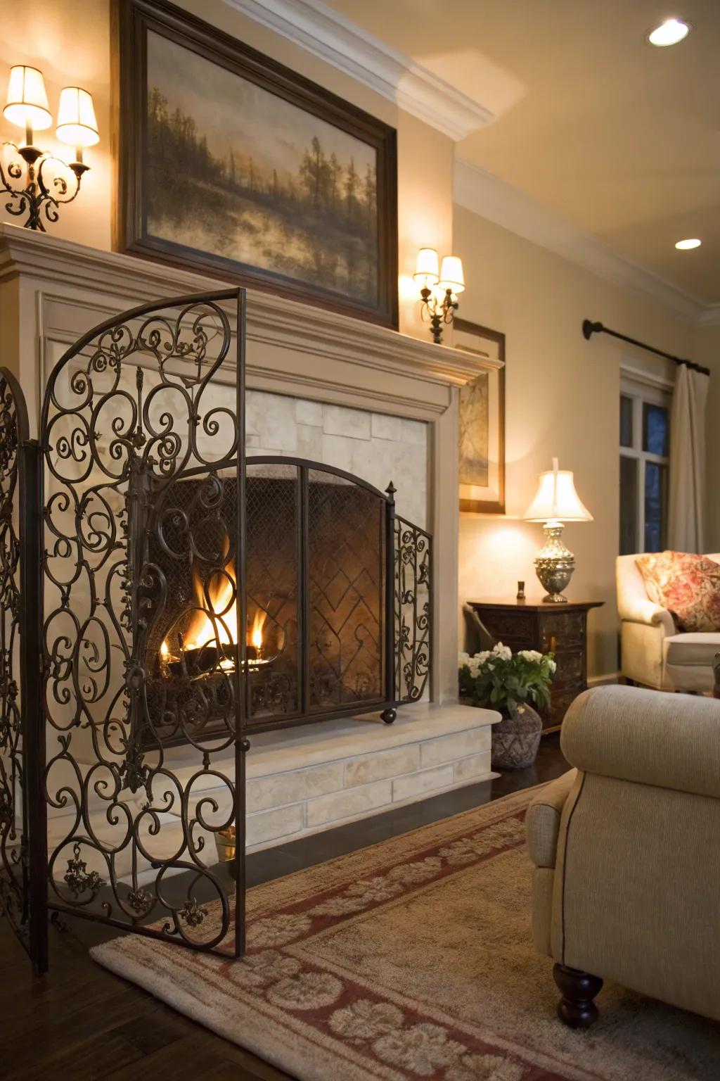 Elegant wrought iron fireplace screen.