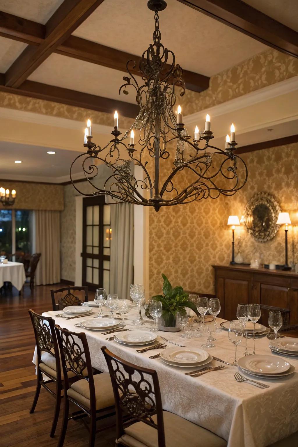 Dramatic wrought iron chandelier lighting a room.