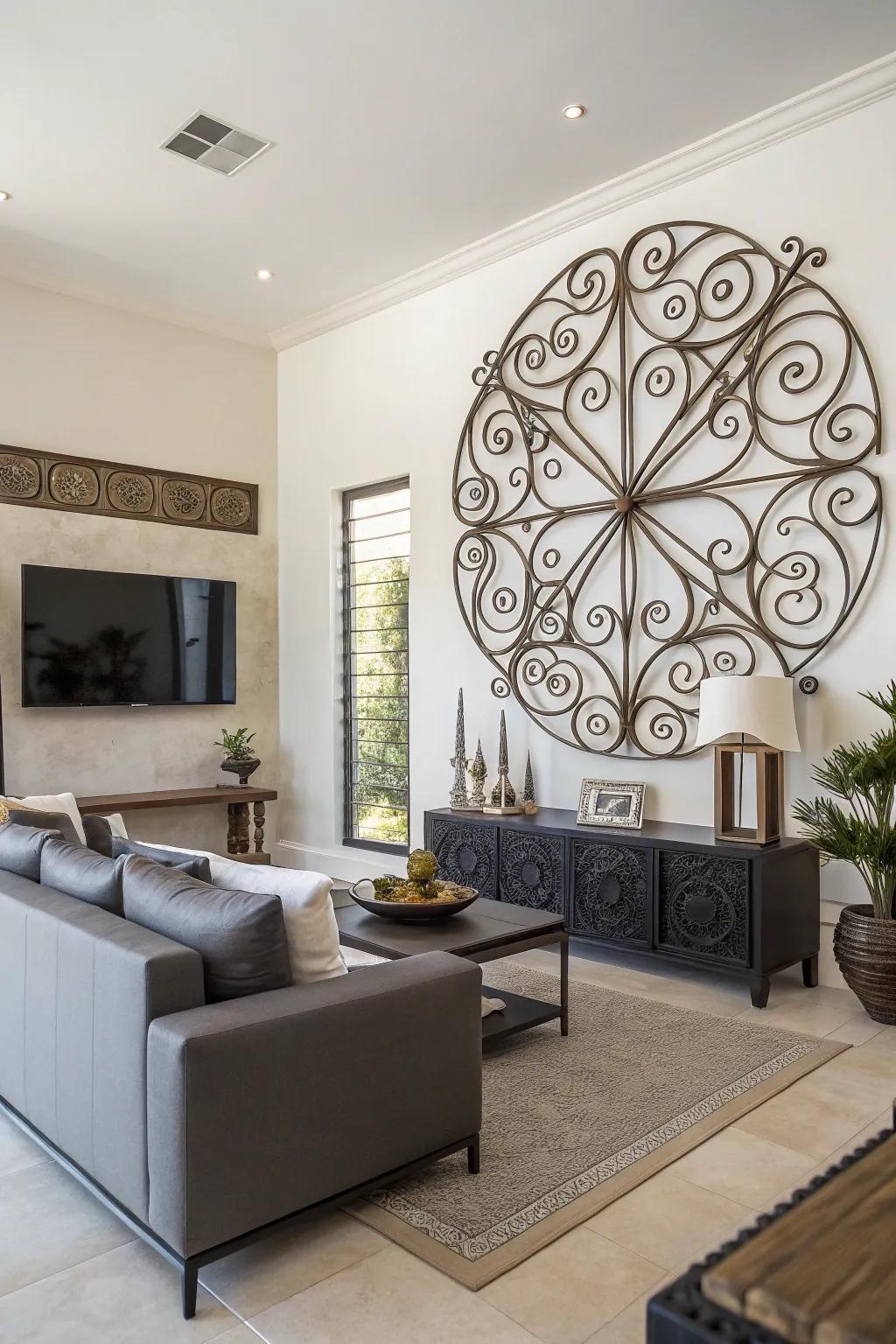 Unique wrought iron wall art in a living room.