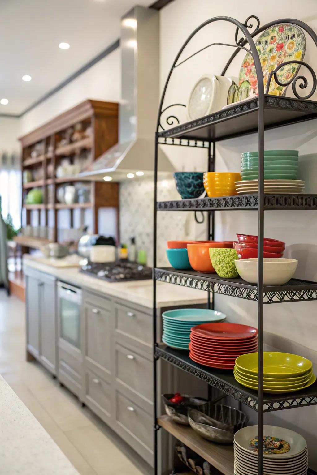 Wrought iron kitchen shelves displaying cookware.