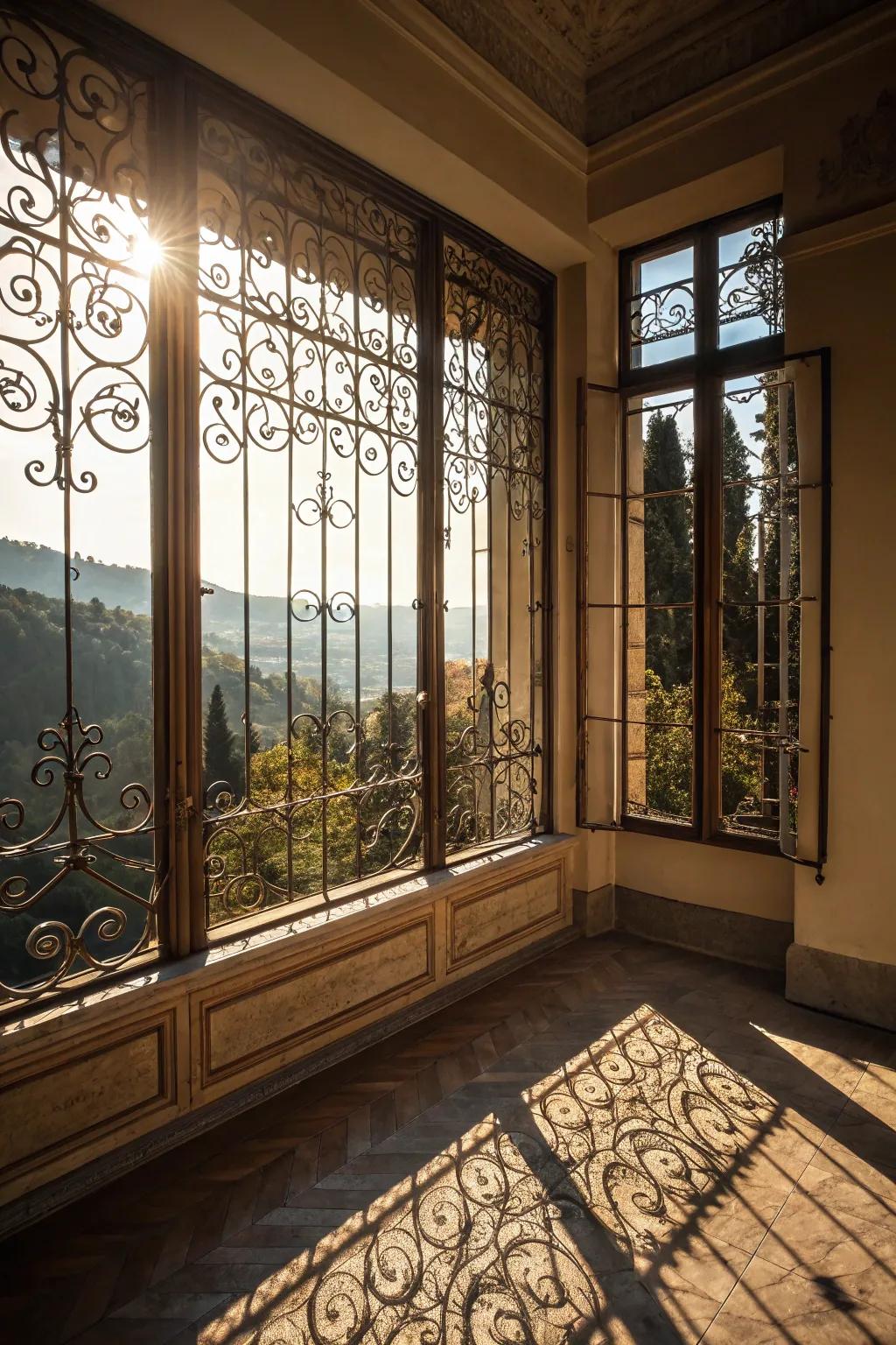 Elegant wrought iron window grilles.