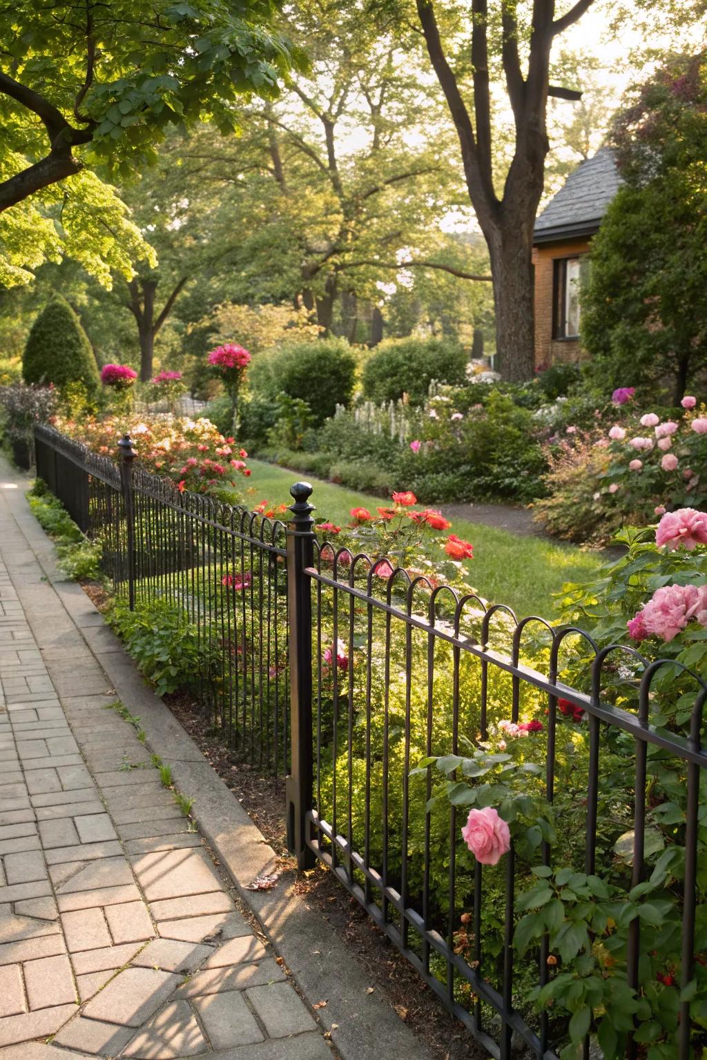 Wrought iron garden fence framing a lush garden.
