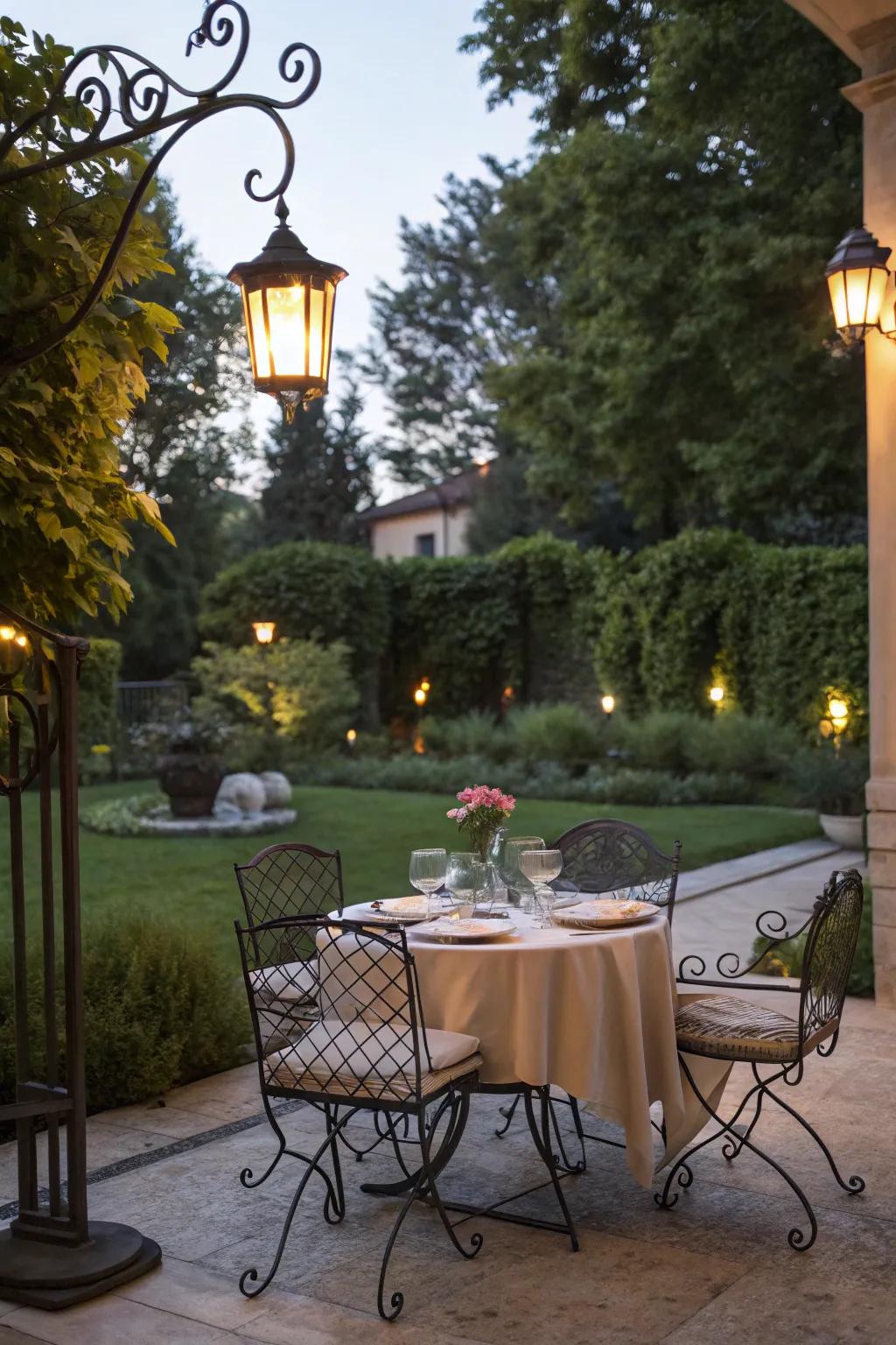 Wrought iron outdoor dining set in a garden.