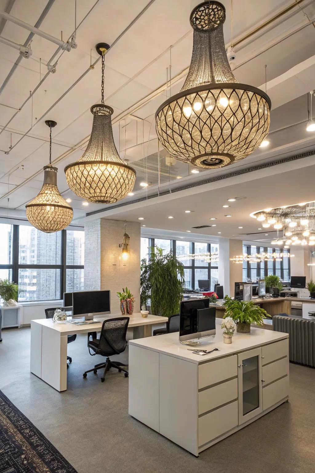 Office with artistic and modern lighting fixtures.