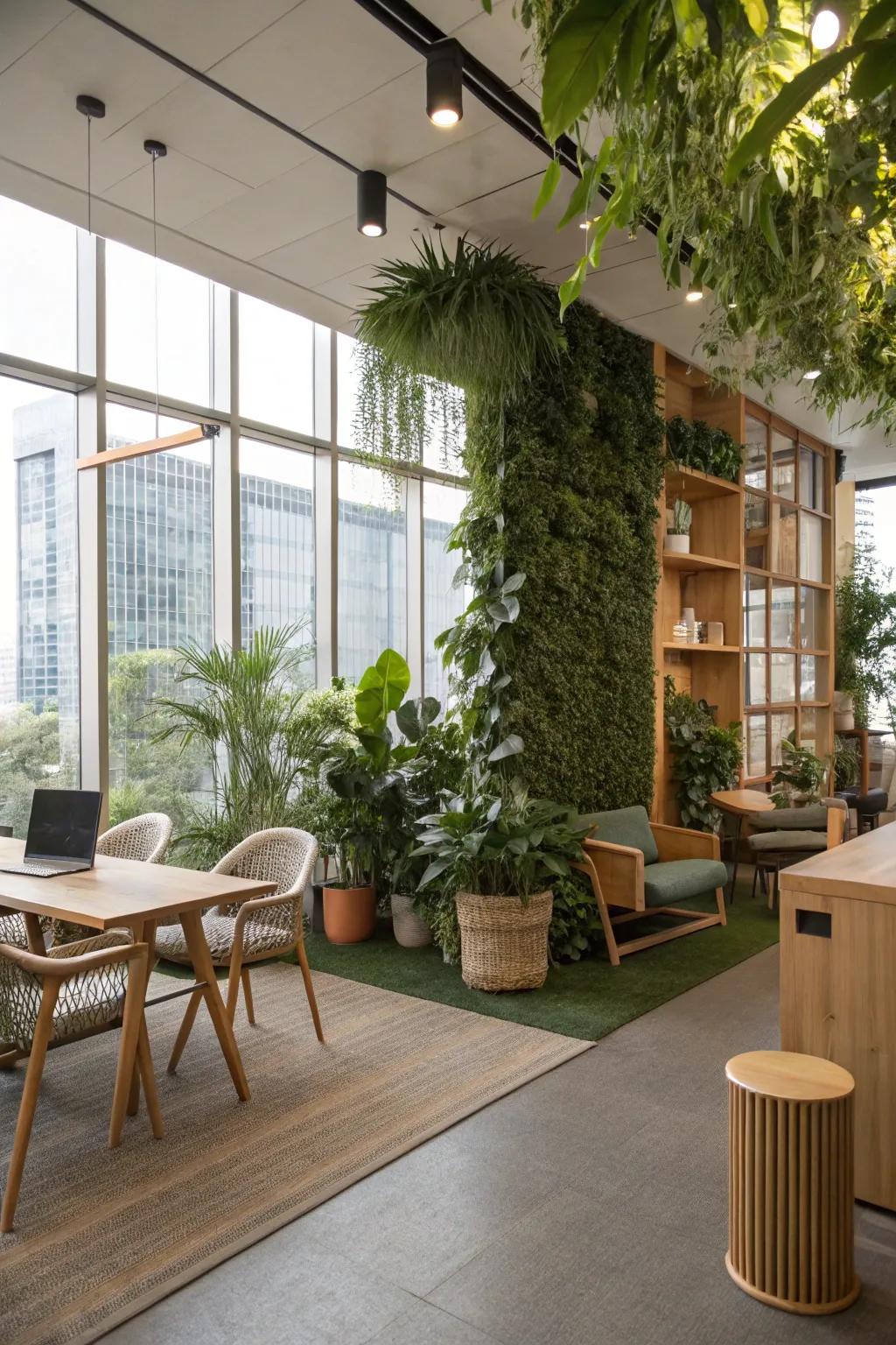 Office featuring natural materials and greenery in design.