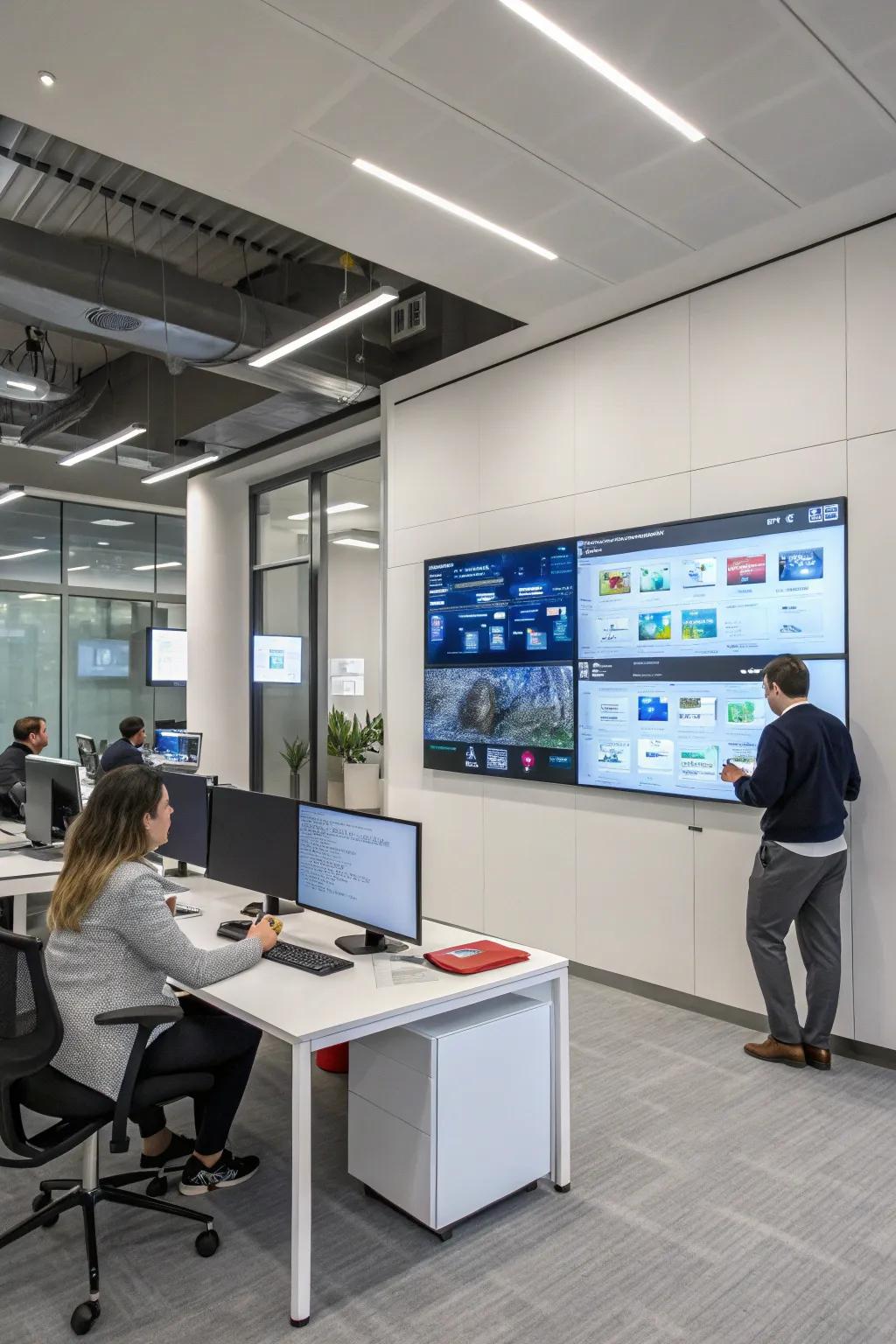 Office equipped with smart boards and interactive displays.