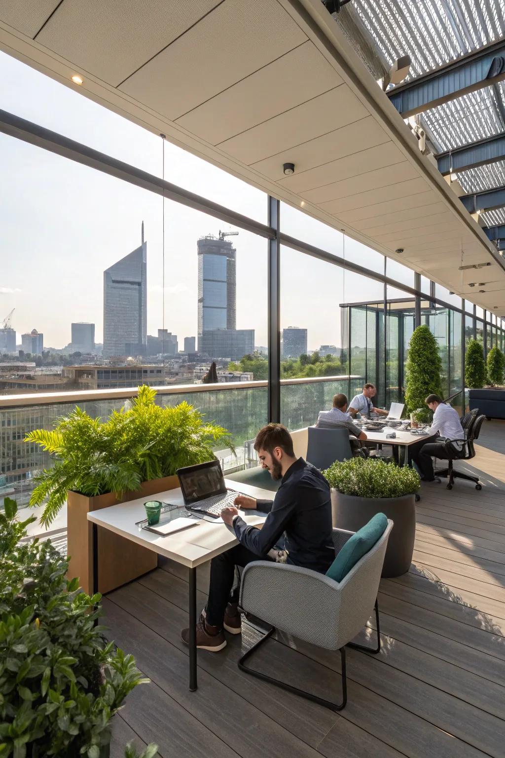 Office terrace designed as an outdoor workspace.