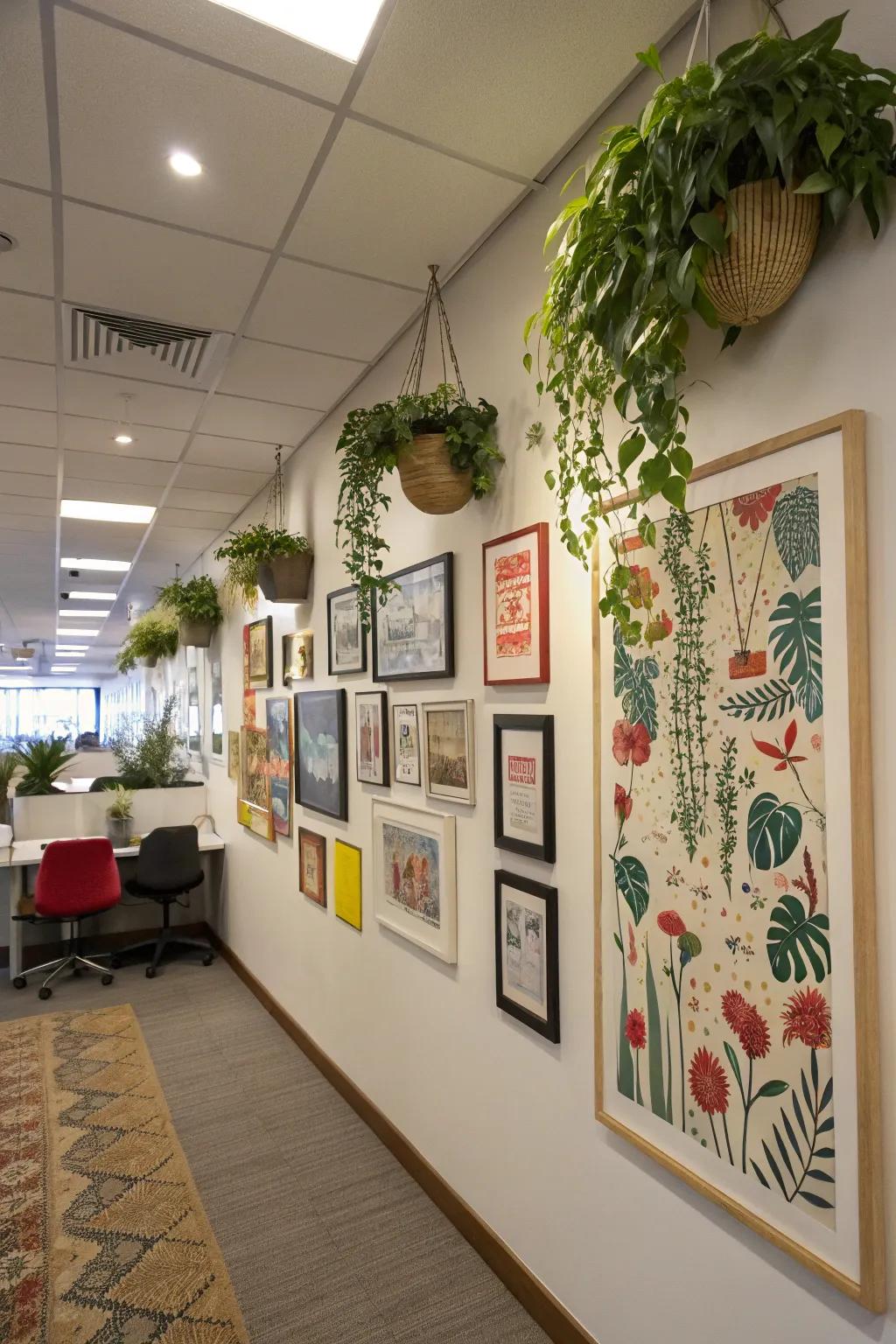 Office wall decorated with art and plants.