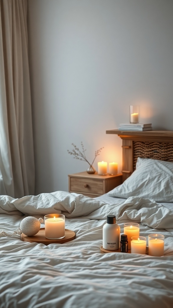 A cozy bedroom with lit scented candles and a diffuser on a nightstand.