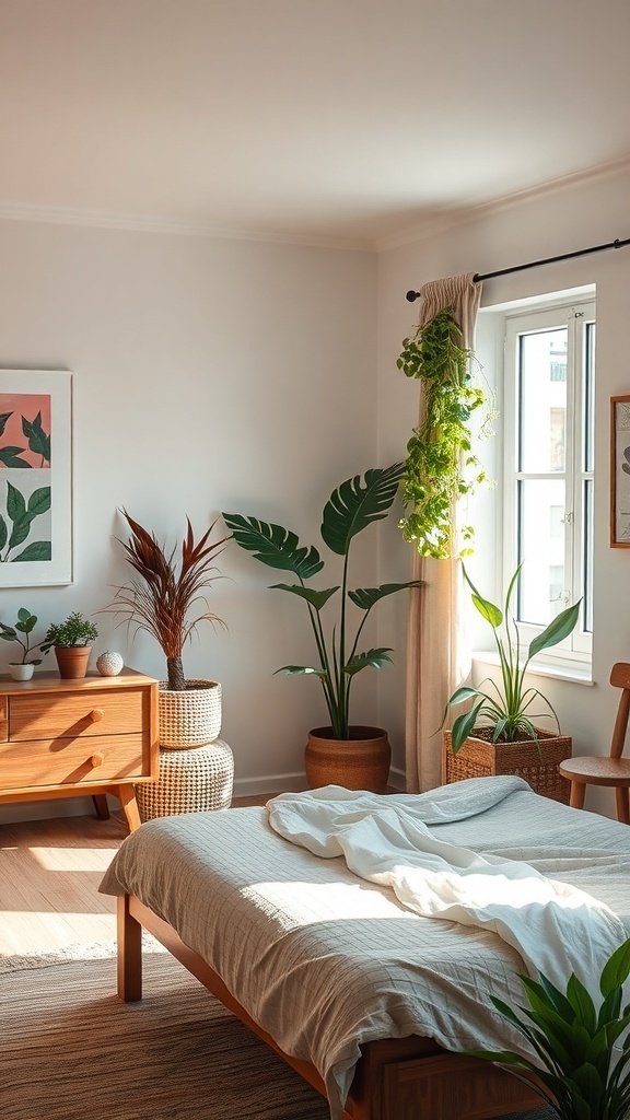 Cozy bedroom with natural elements like plants and wooden furniture.