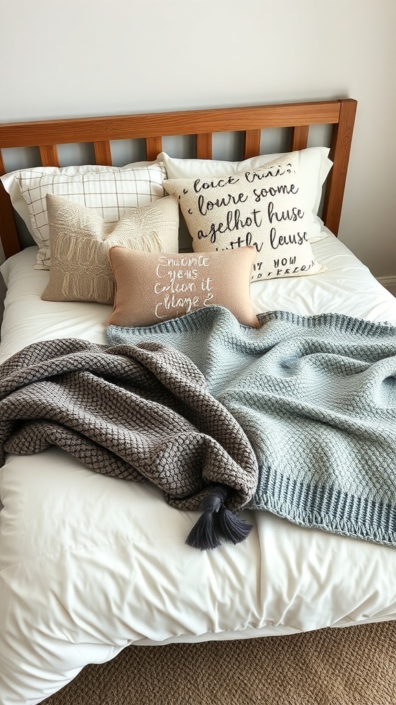 A cozy bed with textured throw blankets and decorative pillows.