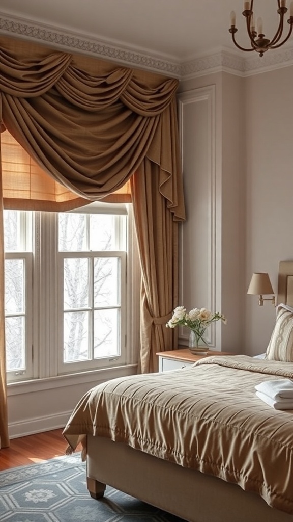 Cozy bedroom with elegant window treatments