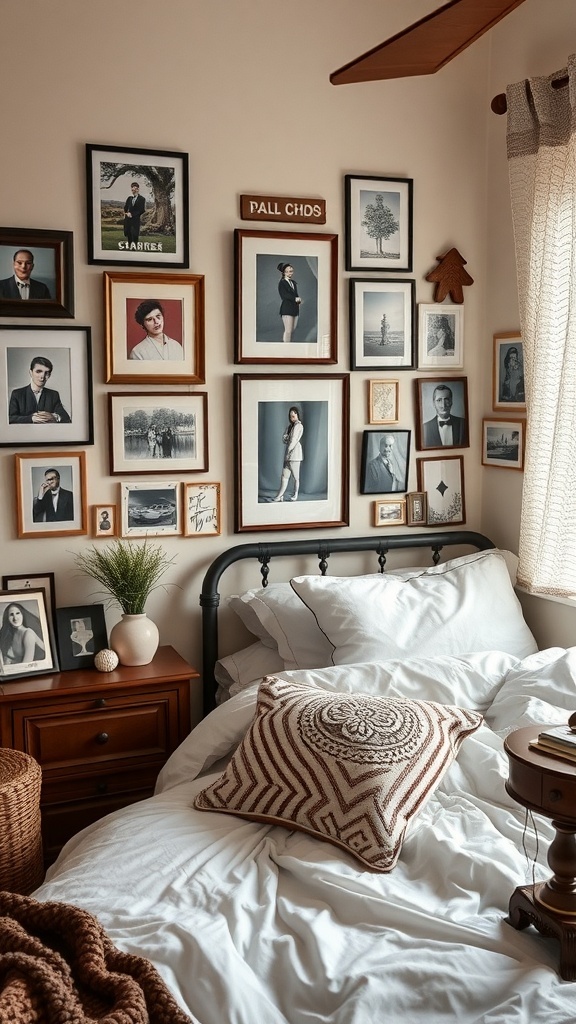 A cozy bedroom with a gallery wall of framed photos, a neatly made bed, and decorative pillows.