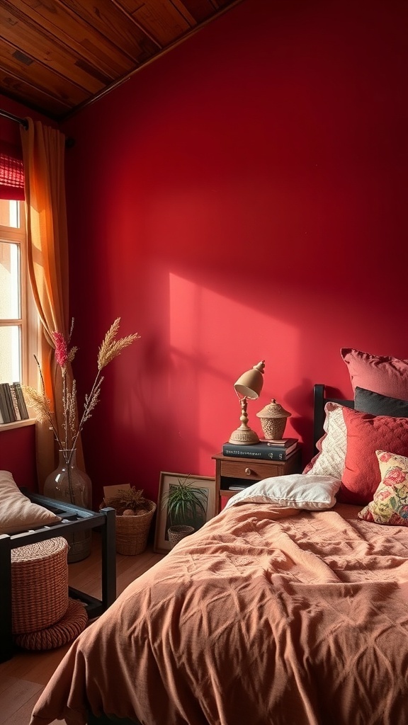 A cozy bedroom featuring a warm color palette with red walls and soft orange bedding.