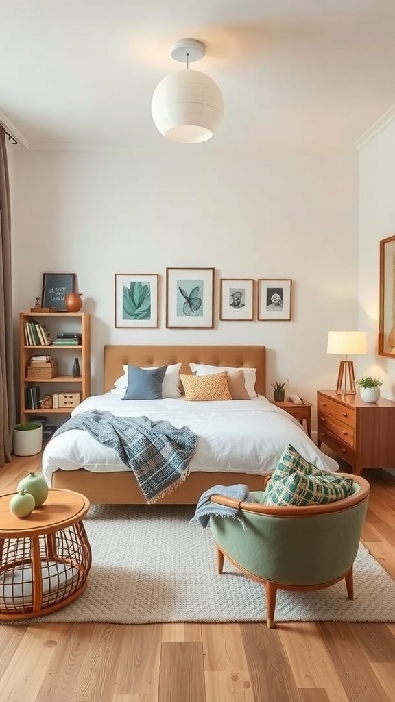 A cozy bedroom featuring stylish furniture, including a bed, side table, and comfortable chair.