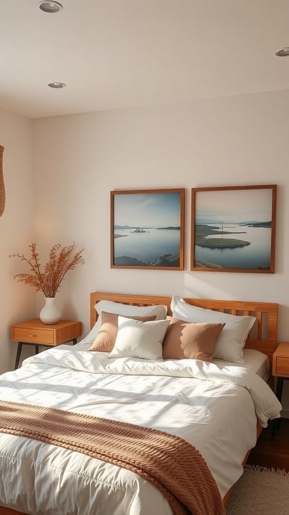 A cozy bedroom with calming artwork, featuring a mountain landscape and plants.