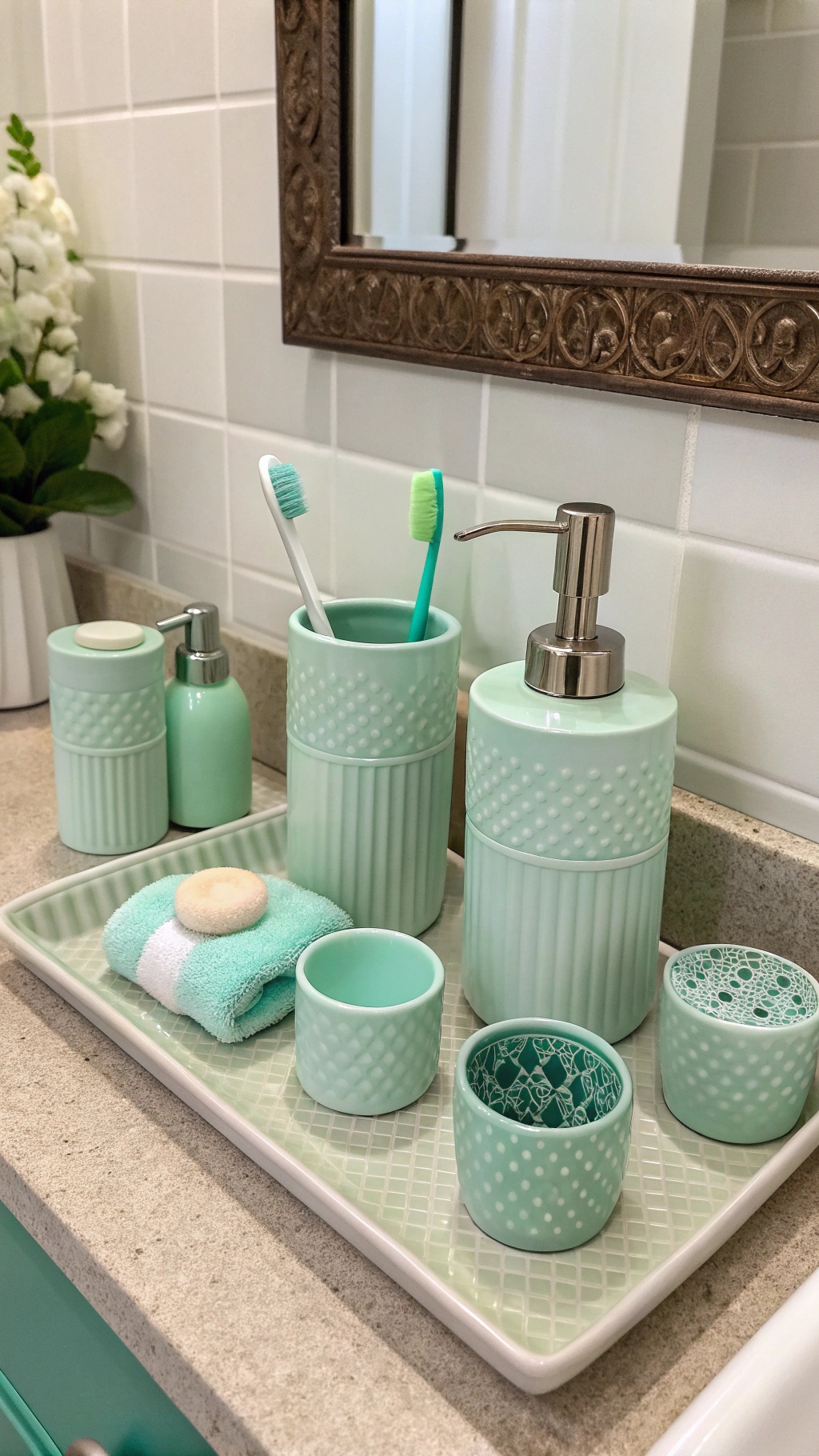 Mint green bathroom accessories on a tray, including a soap dispenser, toothbrush holder, and towels.