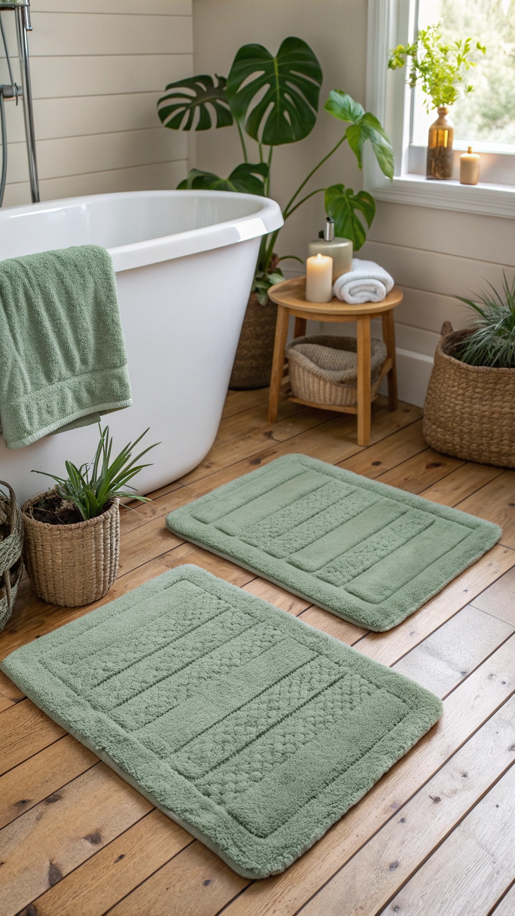 Two sage green bath mats on a wooden floor in a bathroom setting.