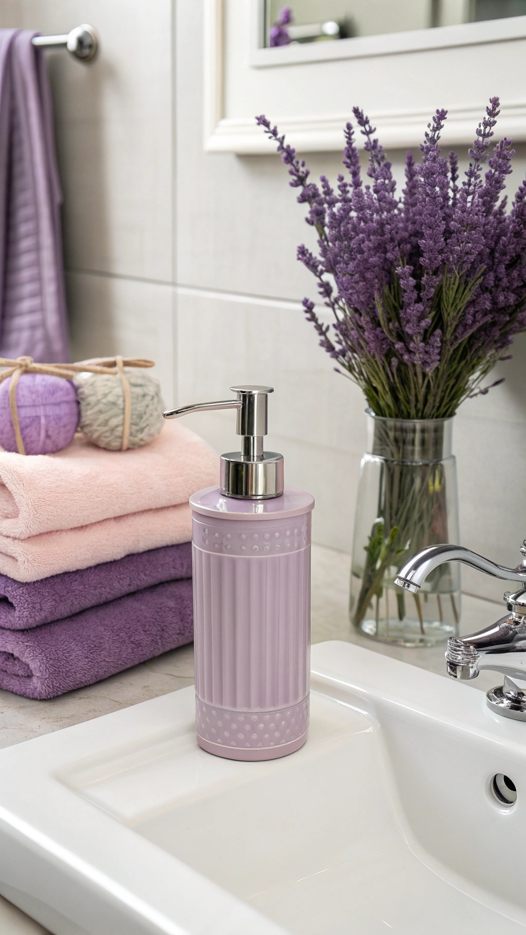 Lavender soap dispenser next to towels and lavender flowers in a bathroom setting.
