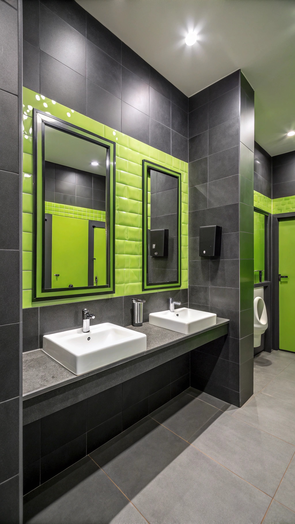A modern bathroom featuring charcoal tiles and bright green accents.
