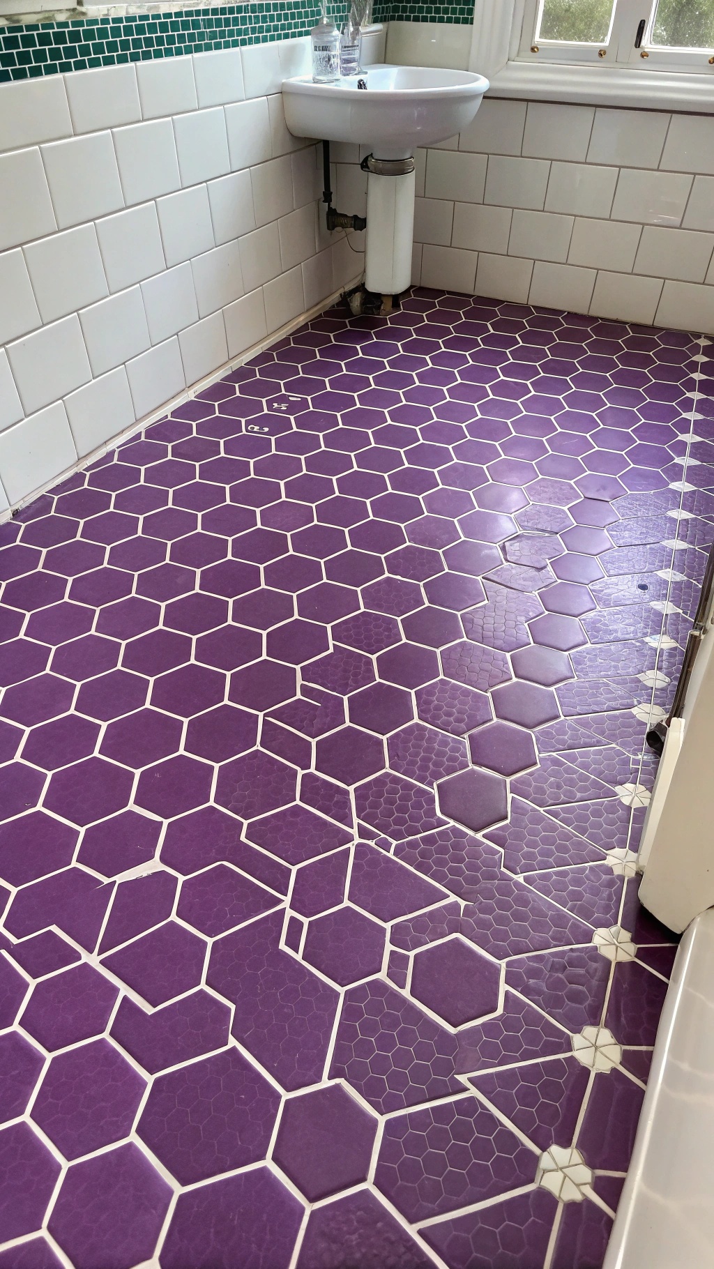 Bathroom floor with purple hexagon tiles and white wall tiles.