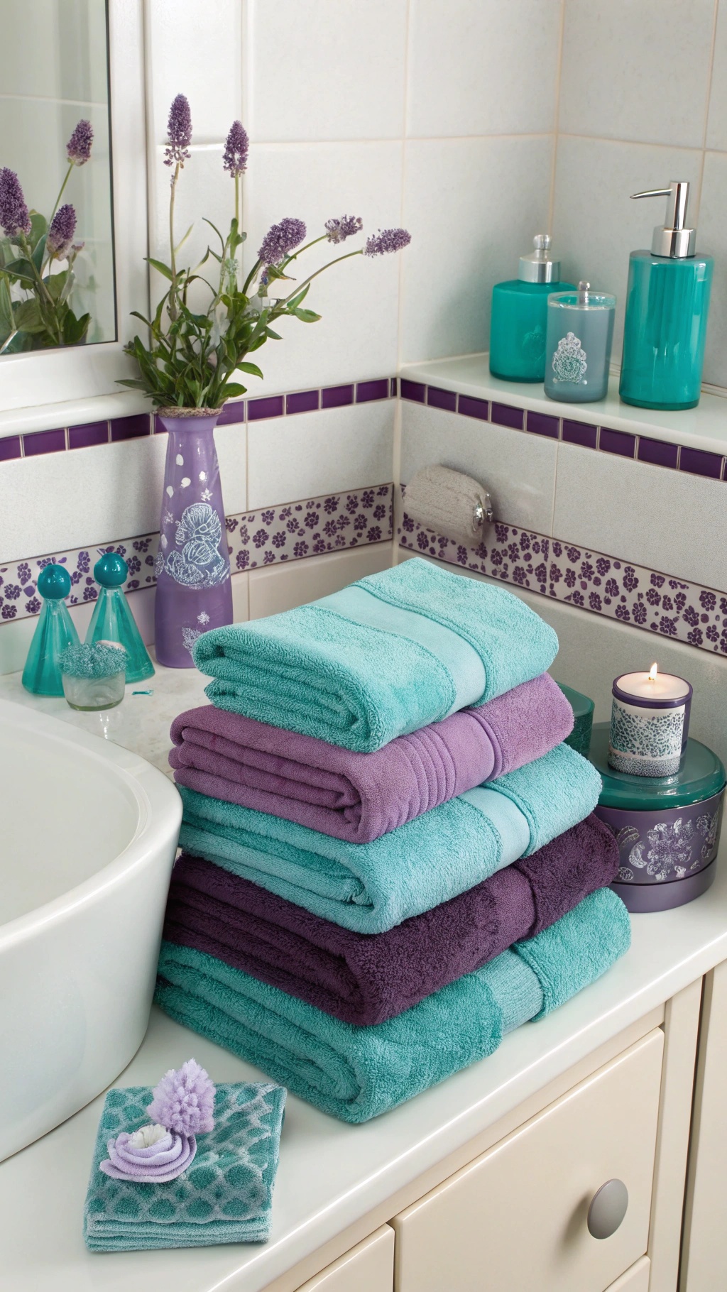 A bathroom featuring teal and purple towels, decorative items, and flowers.