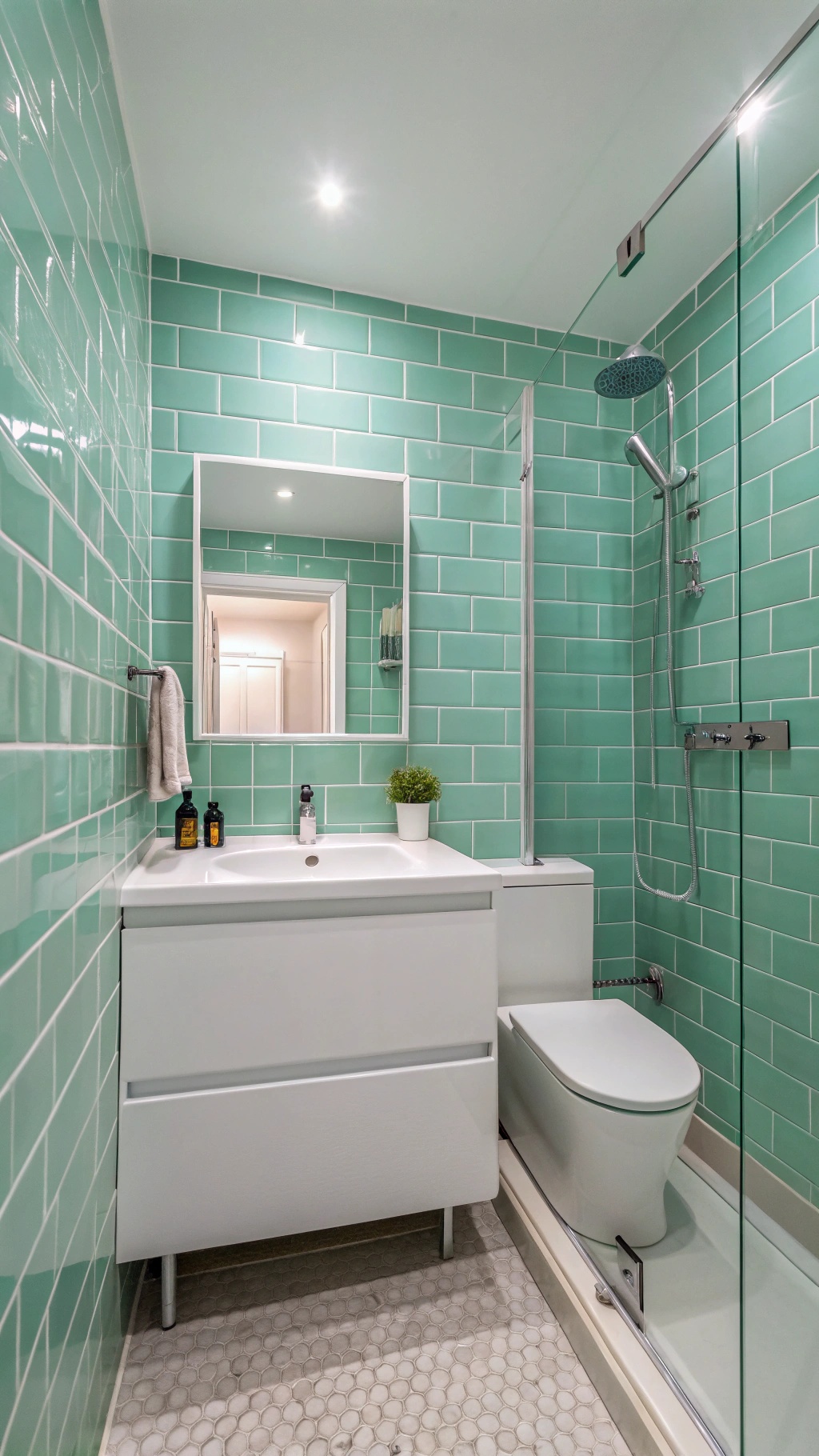 A bathroom featuring mint green tiles, white fixtures, and modern design.