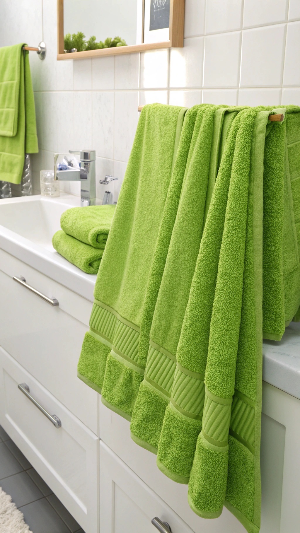 Bright green towels hanging in a bathroom